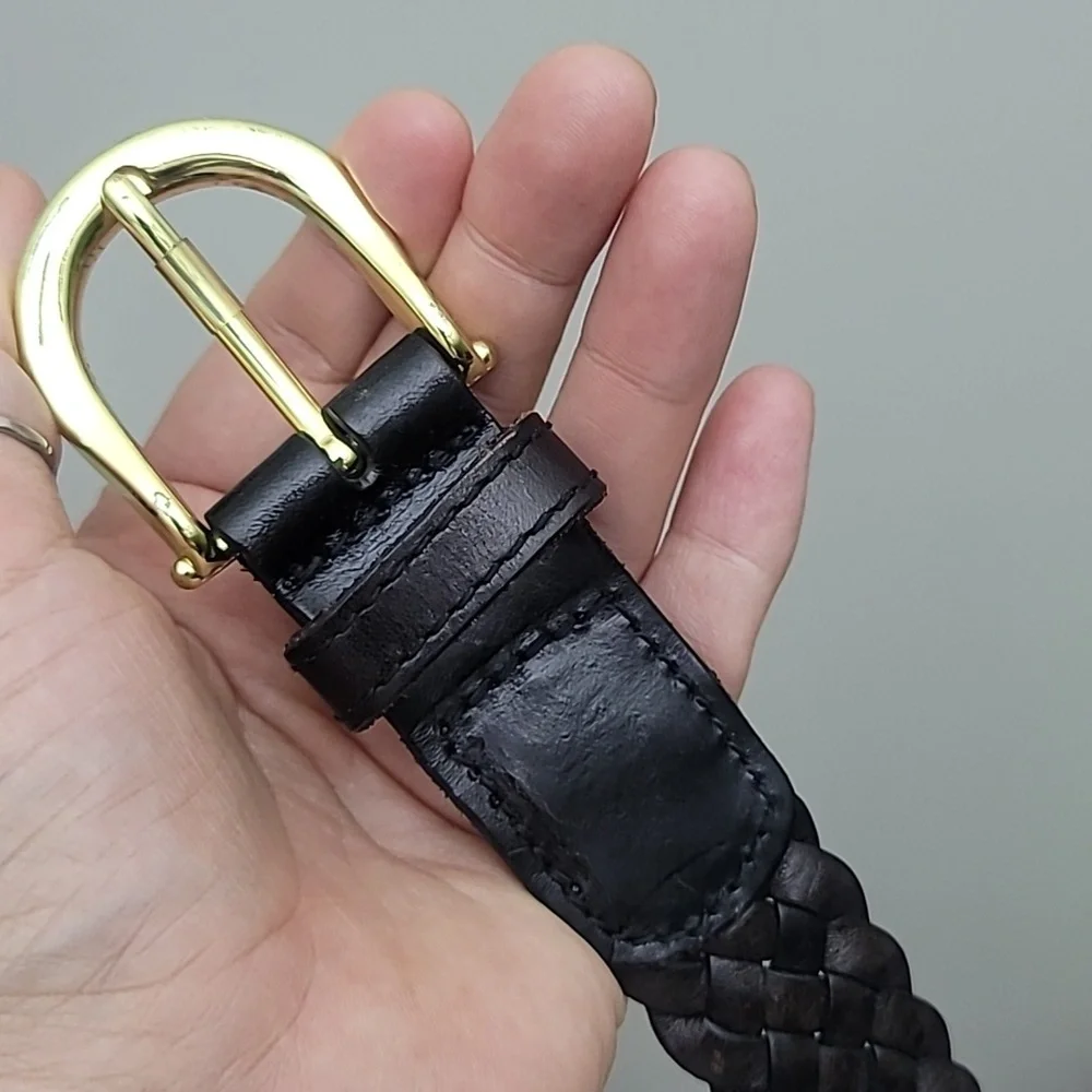 New York & Company Black Braided Leather Belt with Gold Buckle